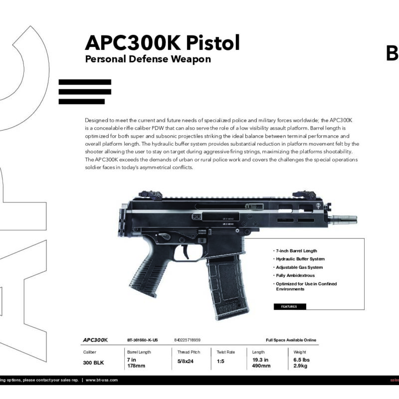 B&T APC300K Pistol Personal Defense Weapon BT-361660-K-US