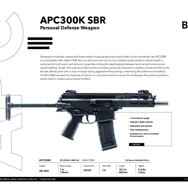 B&T APC300K SBR Personal Defense Weapon BT-361660-K-SBR-US