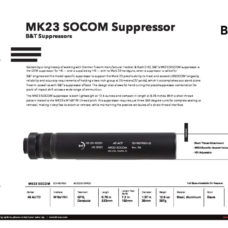 B&T MK23 .45 ACP HK suppressor, HK MK23 Impuls IIA suppressor, B&T Impuls IIA SD-988178-US, MK23 .45 ACP suppressor accessory, HK MK23 suppressor upgrade, B&T MK23 Suppressor