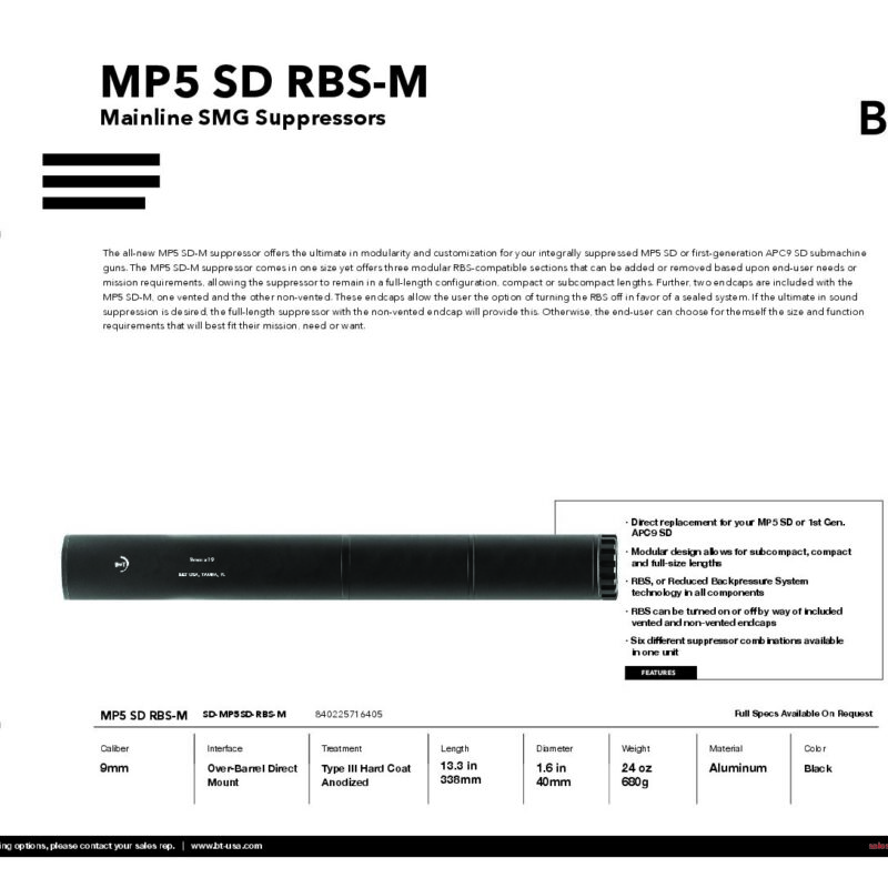 B&T MP5 SD RBS-M Modular MP5SD Suppressor SD-MP5SD-RBS-M
