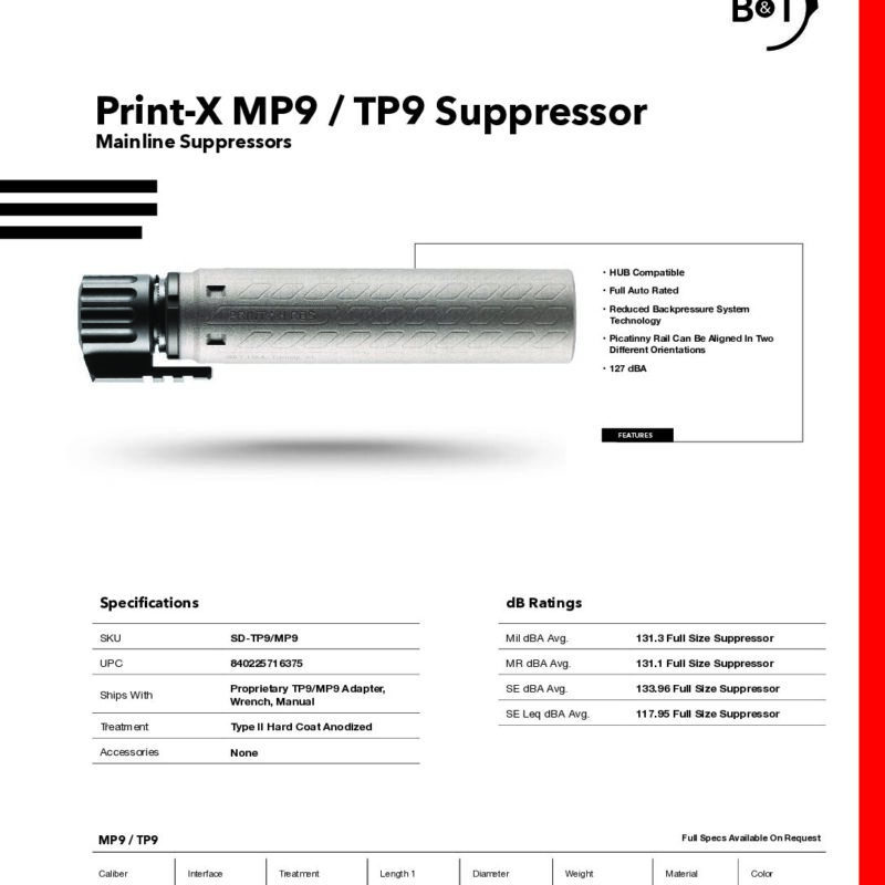 B&T Print-X MP9 / TP9 Titanium 3D Printed Suppressor SD-TP9/MP9