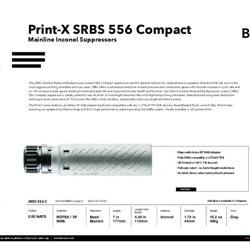 B&T Print-X SRBS 556 Compact Suppressor 3D Printed Inconel – SD-556SRBS-C