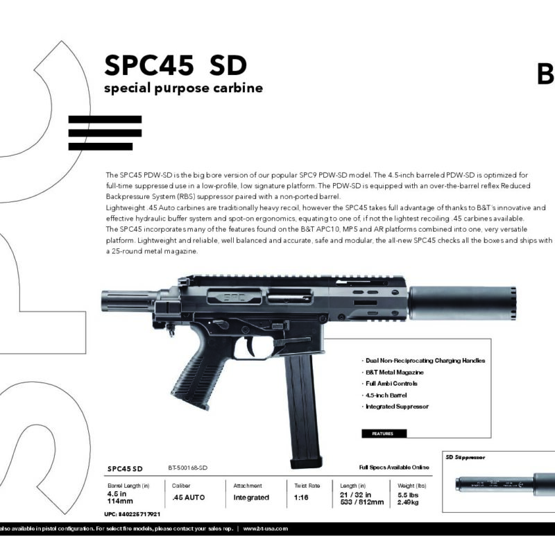 B&T SPC45 PDW-SD Integrally Suppressed .45 BT-500168-SD SPC45 SD