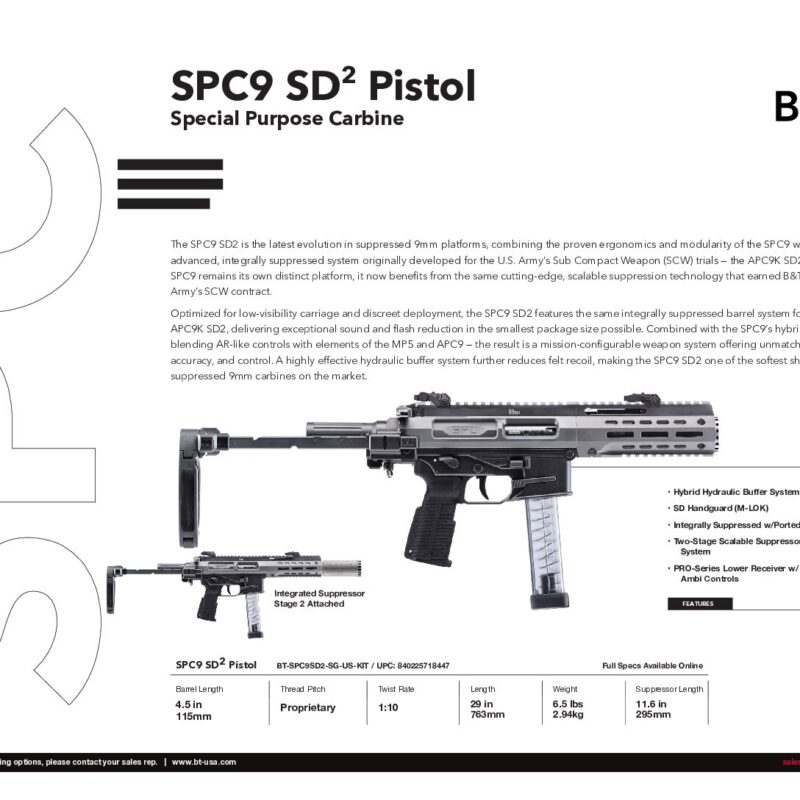 B&T Limited Sniper Grey SPC9 SD2 Pistol with Modular 2-Piece Titanium Suppressor and Tele-Brace