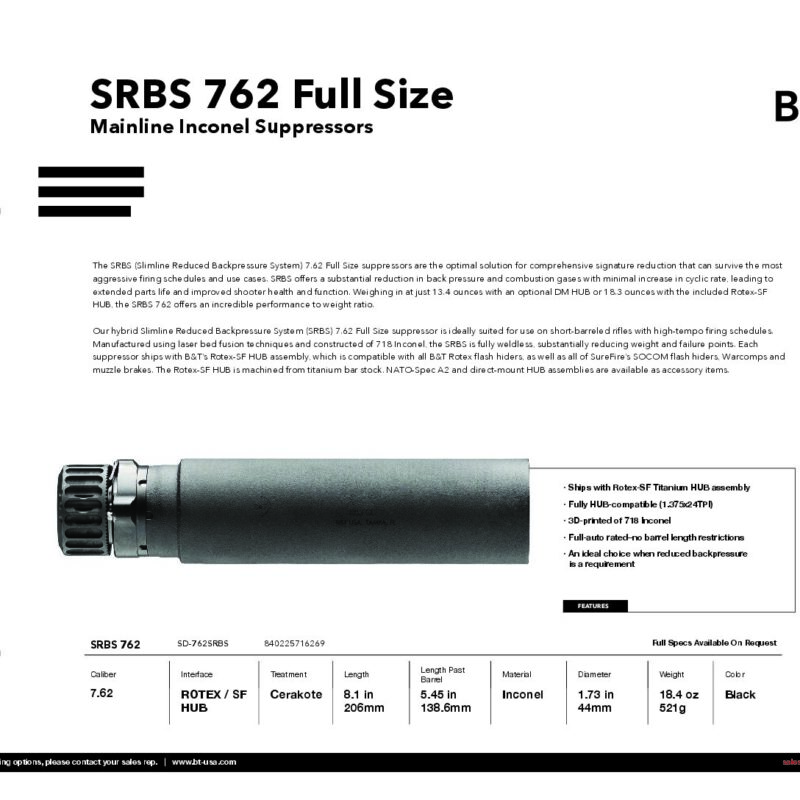 B&T SRBS 7.62 Full Size, 3D Printed, Inconel Suppressor with SF (Surefire Mount Hub) SD-762SRBS