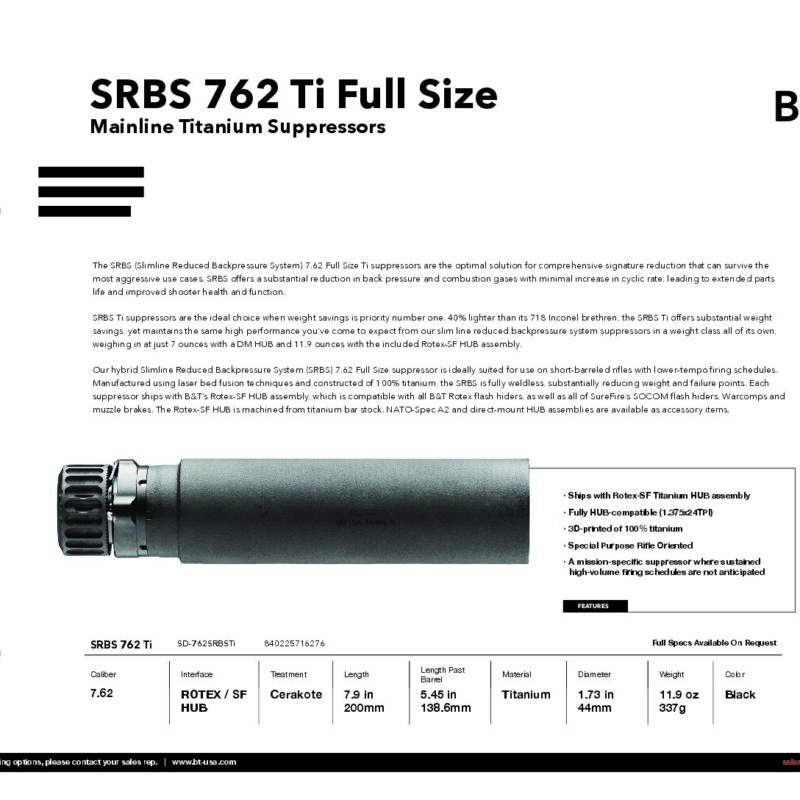 B&T SRBS 7.62 Full Size TITANIUM Suppressor with Surefire (SF) Mounting Hub